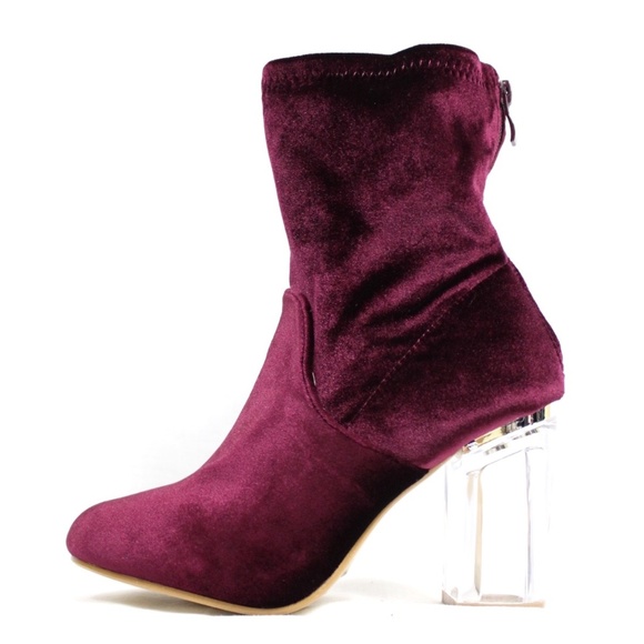 Velvet Block Clear Lucite Perspex Dress Bootie - Picture 1 of 5